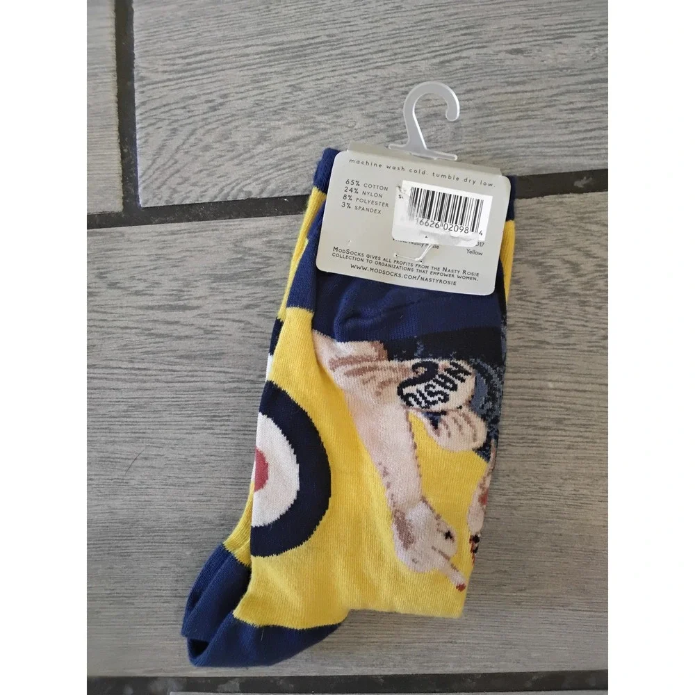 ModSocks Nasty Rosie Crew Socks Yellow Navy Rosie the Riveter Feminist Empower